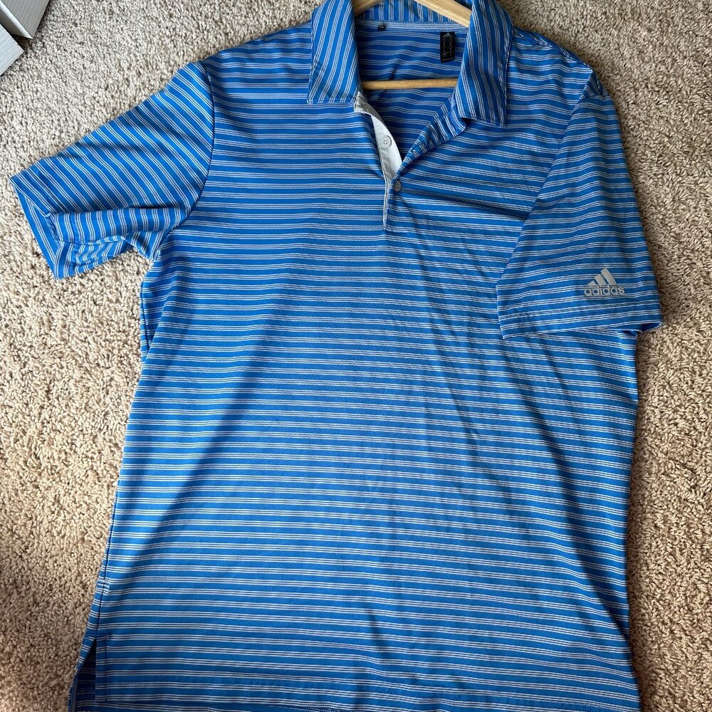 Adidas Golf Mens M Blue White Striped Short Sleeve Golf Polo Shirt